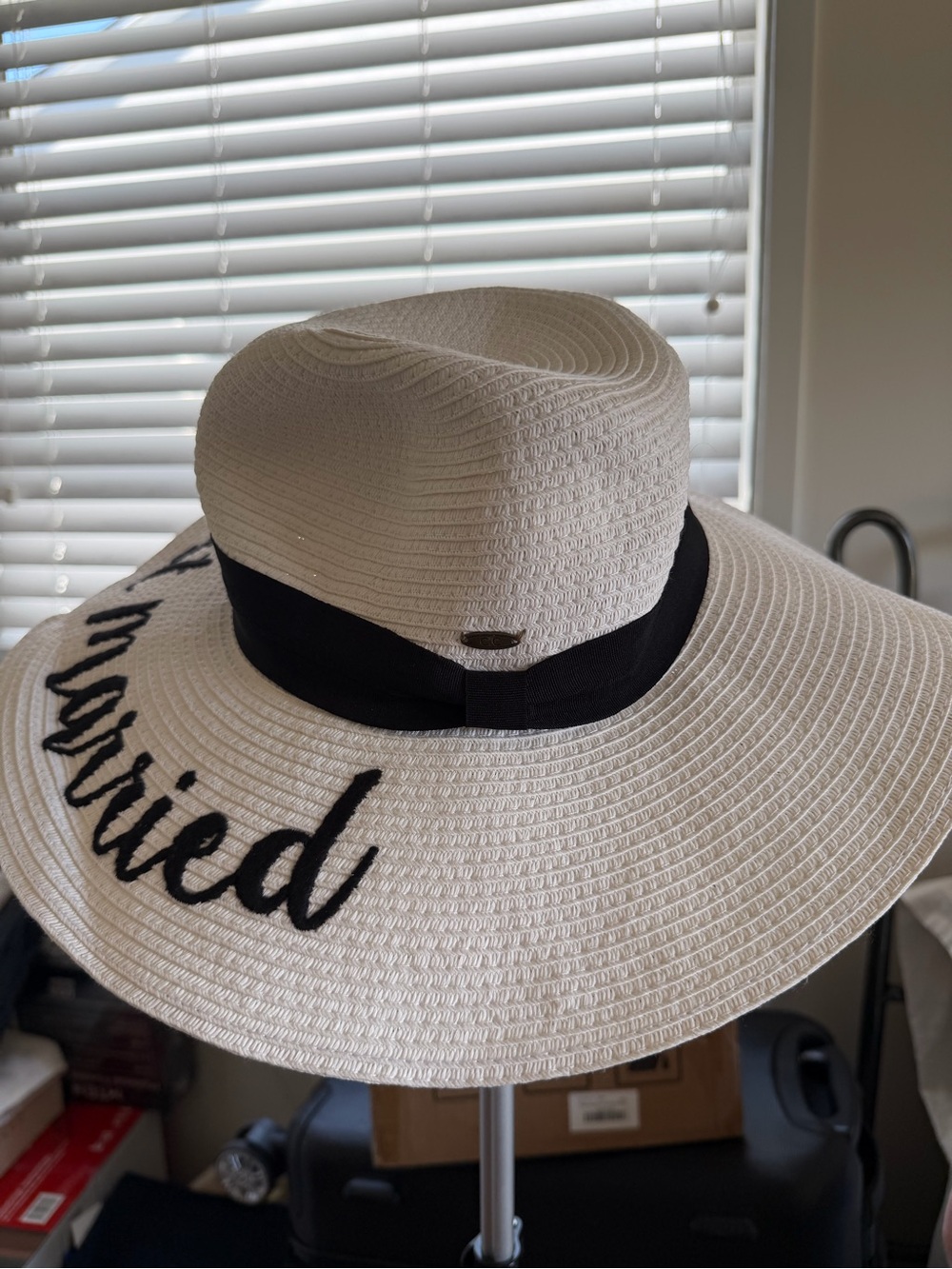 Wide Brim Straw Sun Hat with Black Band - 'Just Married' Embroidery